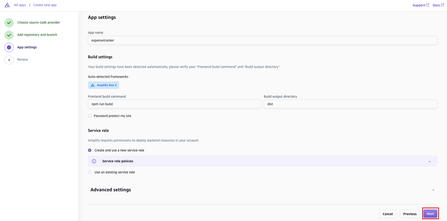 Screenshot of the 'App settings' configuration step in the AWS Amplify web app deployment tutorial, showing options for setting app name, build settings, detected frameworks, frontend build command, service role, and advanced settings, with 'Next' button highlighted at the bottom right.