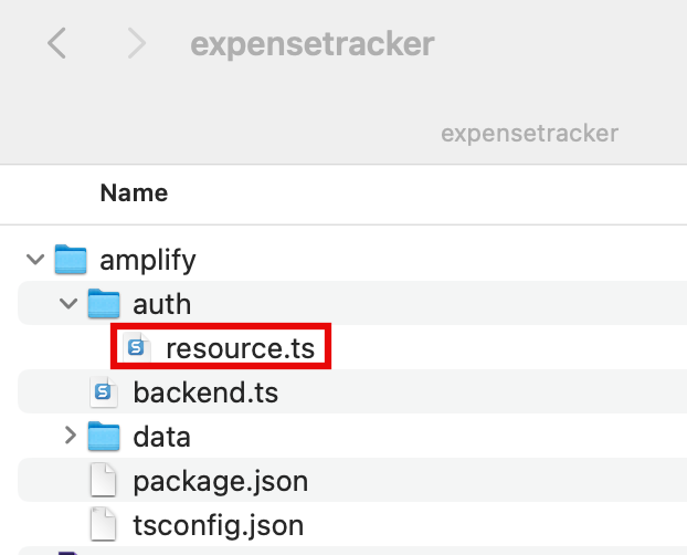 Screenshot showing the file structure of an AWS Amplify project named 'expensetracker', highlighting the 'resource.ts' file inside the 'amplify/auth' directory. This image is used to illustrate how to locate and update the authentication resource file during a web app deployment tutorial with AWS Amplify.