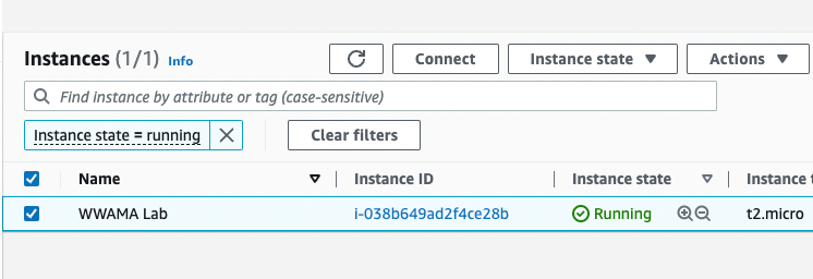 Screenshot of the AWS Management Console showing a running EC2 instance named 'WWAMA Lab' filtered by 'Instance state = running'. Used to verify the running status of an instance during ASP.NET web application migration.