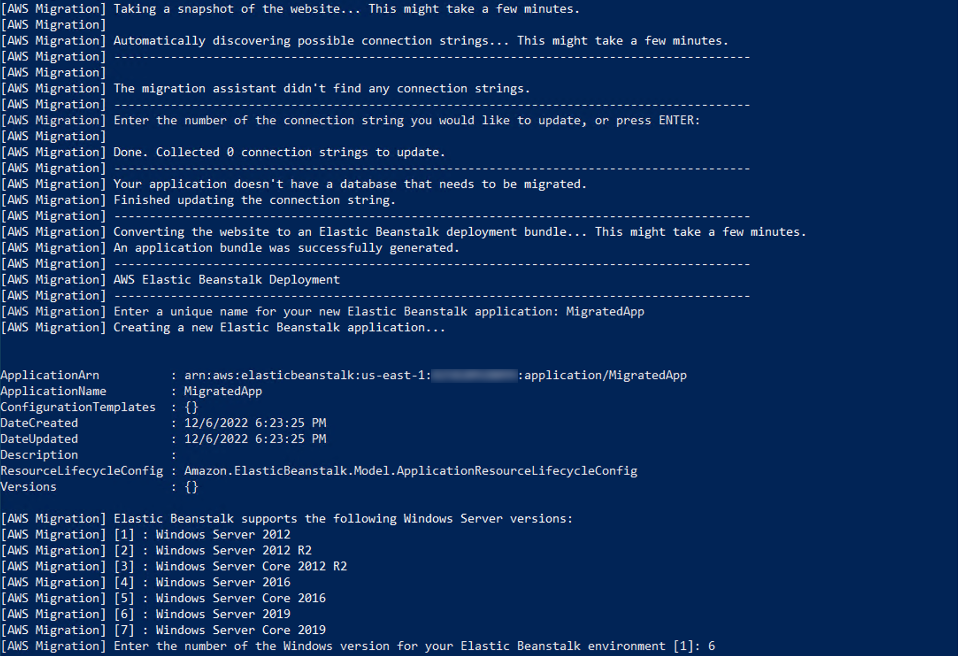 Screenshot showing the process of migrating an ASP.NET web application to AWS Elastic Beanstalk, including application setup, connection string discovery, and selection of supported Windows Server versions.