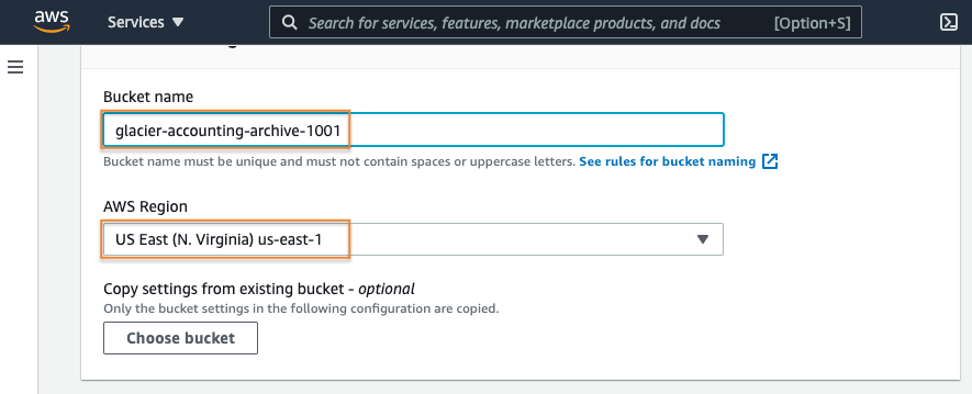 Screenshot of the AWS Management Console showing configuration of a new S3 bucket named 'glacier-accounting-archive-1001', with the AWS Region set to US East (N. Virginia) us-east-1. Part of a tutorial for using Glacier storage classes.