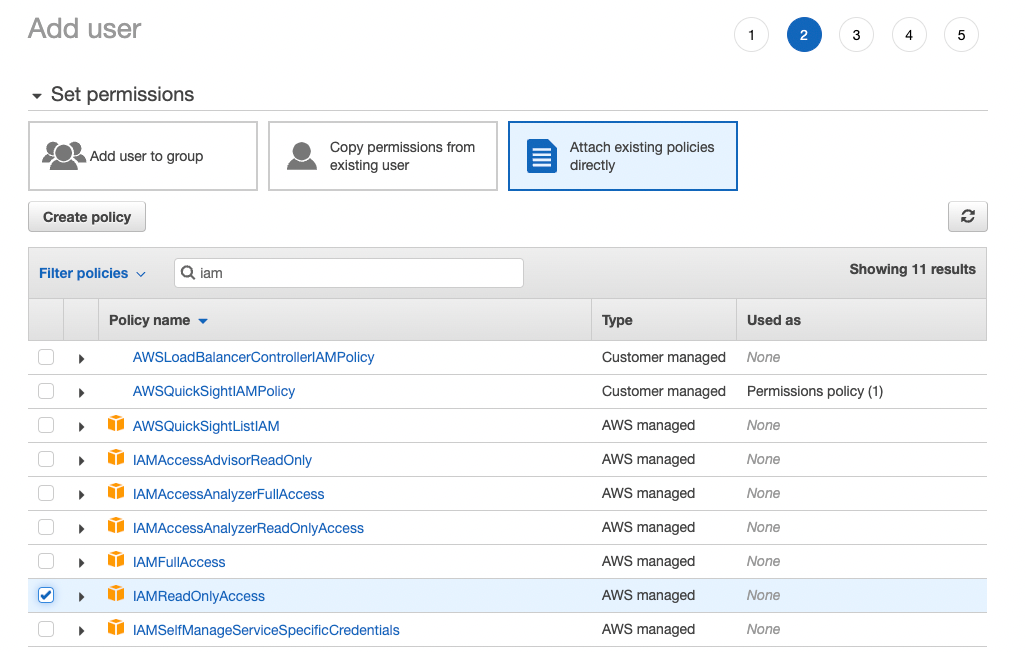 Screenshot of the AWS Management Console showing the process of attaching existing IAM policies directly while adding a user, as part of migrating an ASP.NET web application. The 'IAMReadOnlyAccess' policy is selected in the permissions setup interface.