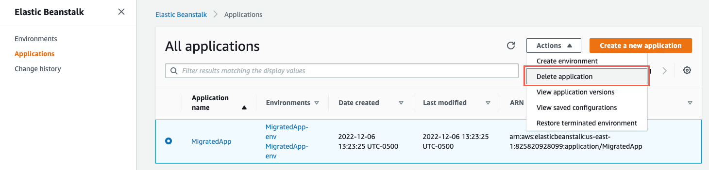 Screenshot showing the AWS Elastic Beanstalk console with the 'Delete application' option highlighted for a migrated ASP.NET web application.