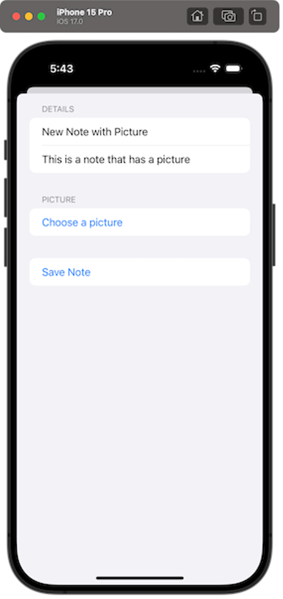 Screenshot showing an iPhone 15 Pro with an iOS app interface for creating a new note with a picture, as part of the AWS Amplify tutorial (Module 5). The screen displays fields for note details, options to choose a picture, and a button to save the note.