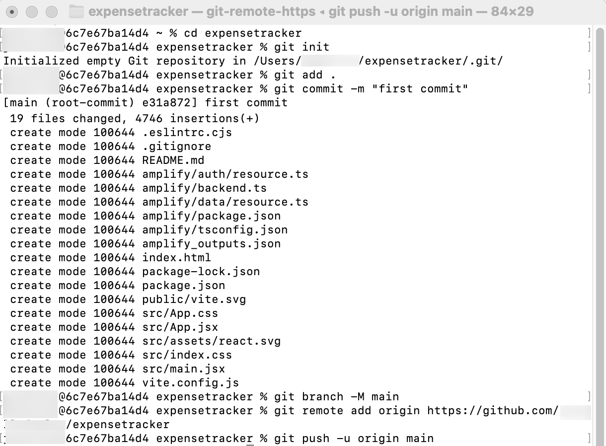 Screenshot showing terminal commands to initialize a Git repository, make the first commit, and push code to GitHub during an AWS Amplify web app deployment tutorial.