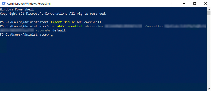 Screenshot showing Windows PowerShell commands used for AWS, including importing the AWSPowerShell module and setting AWS credentials, as part of the process to migrate an ASP.NET web application.