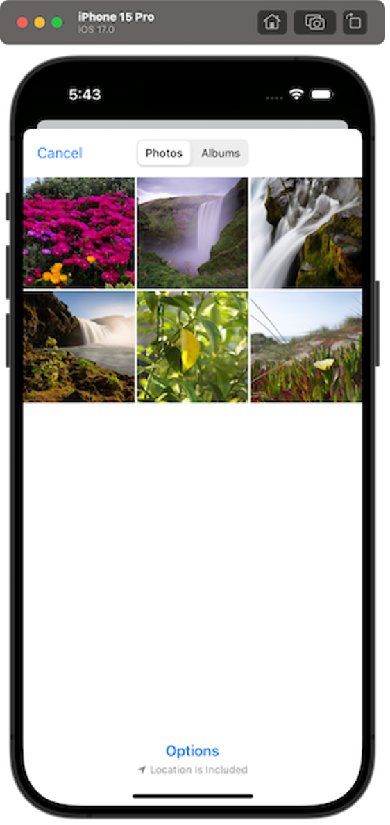 Screenshot of an iOS app running on an iPhone 15 Pro simulator showing a photo picker interface with several nature images, as part of an AWS Amplify tutorial for building an iOS app.
