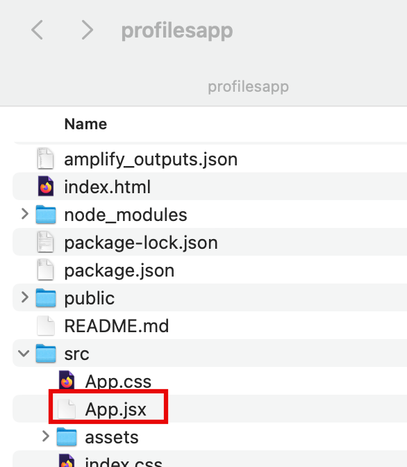 Screenshot of a project directory structure for a React web application, with the file App.jsx highlighted inside the src folder. The image shows common files such as index.html, package.json, node_modules, and folders like public and assets, useful for tutorials on building basic web applications.