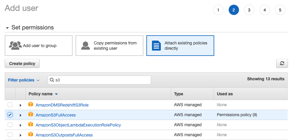 Screenshot of the AWS IAM Add User interface showing permissions being set by attaching the AmazonS3FullAccess policy directly to a user. This is step 2 of migrating an ASP.NET Web Application and demonstrates how to assign S3 permissions.