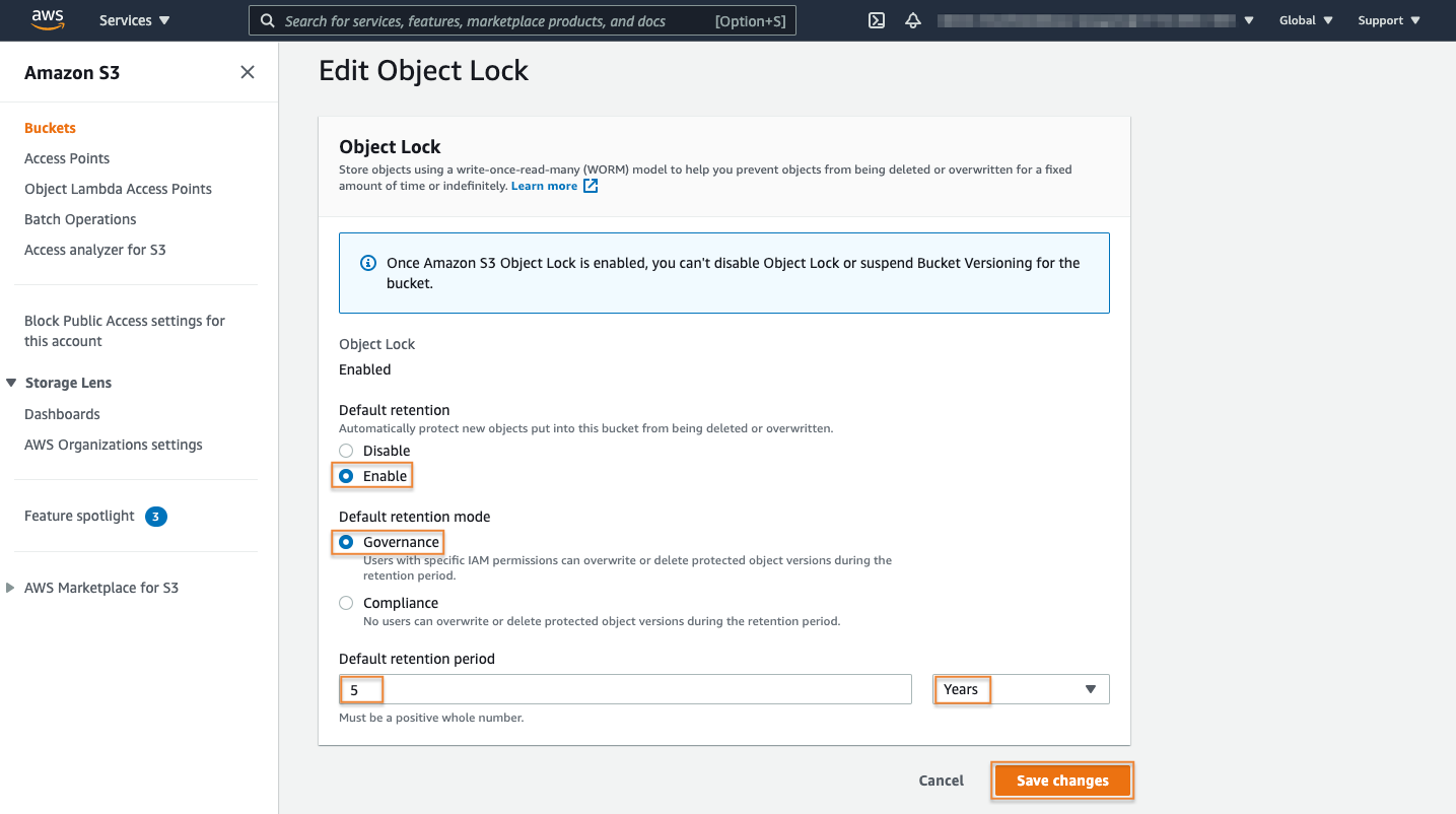 Screenshot of the AWS Management Console showing how to enable and configure object lock settings for Amazon S3 Glacier storage classes, including default retention mode, retention period, and governance options.