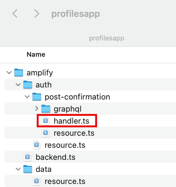 Screenshot showing the folder structure of a web application project with the 'handler.ts' file highlighted in the 'amplify/auth/post-confirmation/graphql' directory, used in Module 3 of the Build a Basic Web Application tutorial.