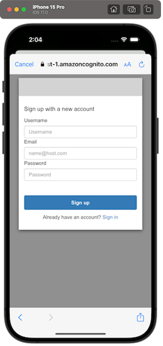 Screenshot of an iPhone 15 Pro displaying a hosted UI sign up screen from Amazon Cognito, showing fields for username, email, and password. Part of the 'build iOS app with Amplify' tutorial.