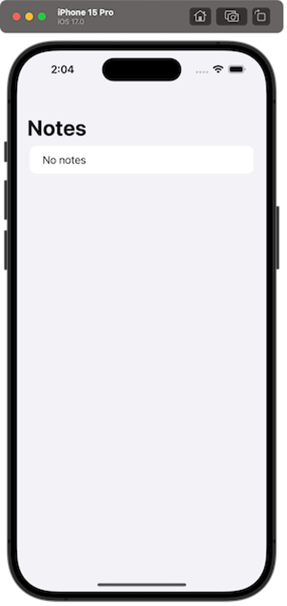 Screenshot of an iOS app running in an iPhone 15 Pro simulator, displaying a 'Notes' screen with the message 'No notes.' Part of an AWS Amplify tutorial for building an iOS app with a hosted UI.