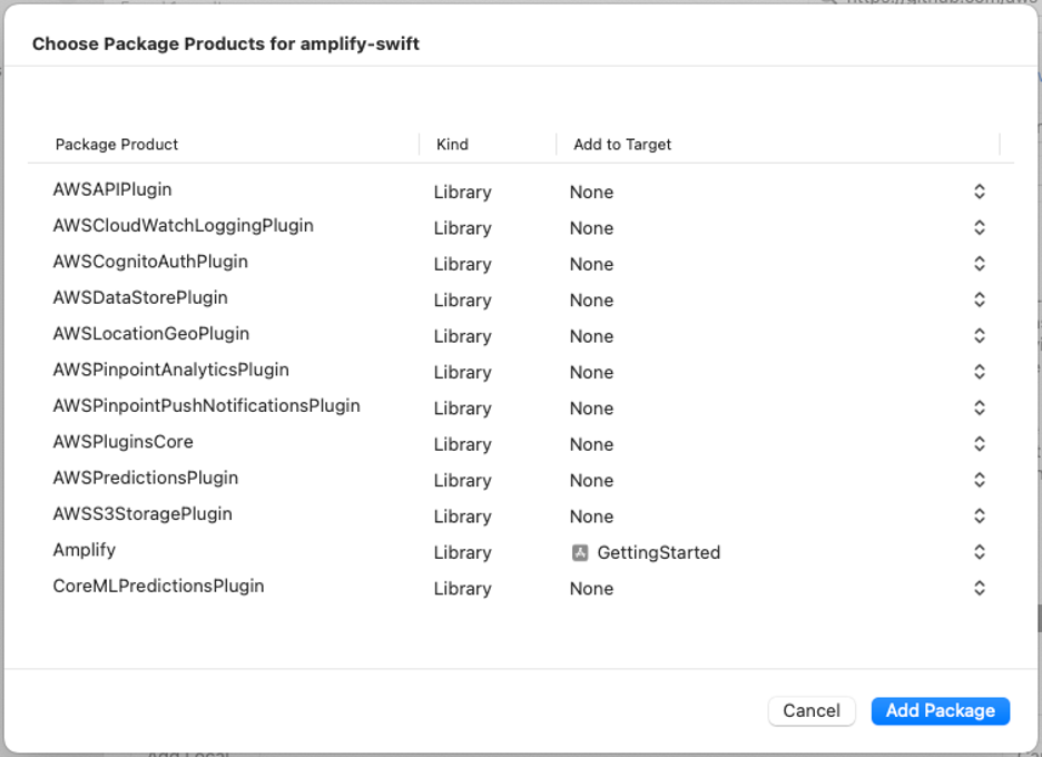 Screenshot of the 'Choose Package Products for amplify-swift' dialog in Xcode, showing a list of AWS Amplify and CoreML plugin packages to add to an iOS project as part of the AWS Amplify tutorial for building iOS apps.