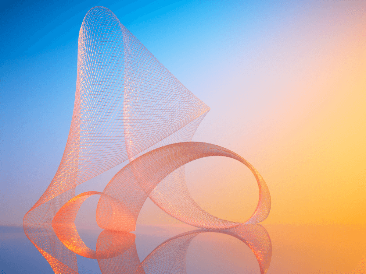 Abstract sculpture of curved, translucent mesh shapes against a gradient background of blue and orange.