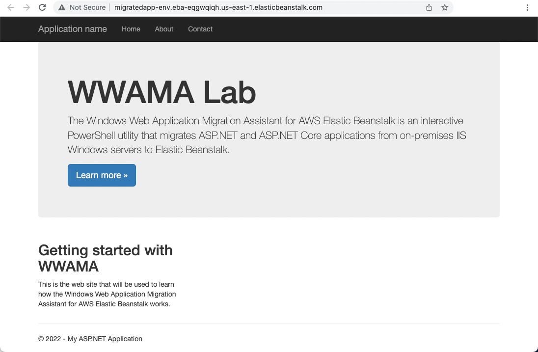 Screenshot of the WWAMA Lab web application, demonstrating the Windows Web Application Migration Assistant (WWAMA) for AWS Elastic Beanstalk. The page describes migrating ASP.NET and ASP.NET Core applications from on-premises IIS Windows servers to AWS Elastic Beanstalk, featuring navigation, a 'Learn more' button, and a 'Getting started with WWAMA' section.