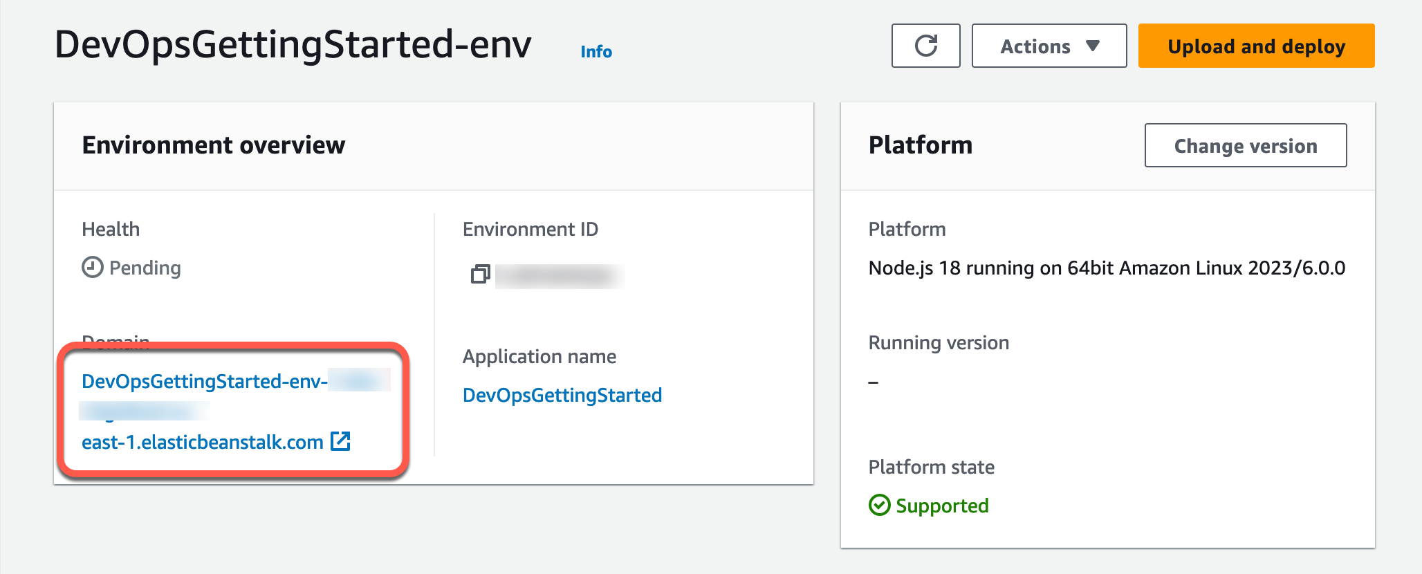 Screenshot showing the 'Environment overview' section in AWS console for 'DevOpsGettingStarted-env', highlighting the application link (elasticbeanstalk URL) in the process of creating a continuous delivery pipeline tutorial.