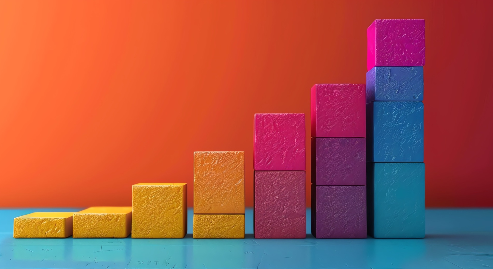 Colorful blocks arranged in ascending order against an orange background, transitioning from yellow to pink to blue.