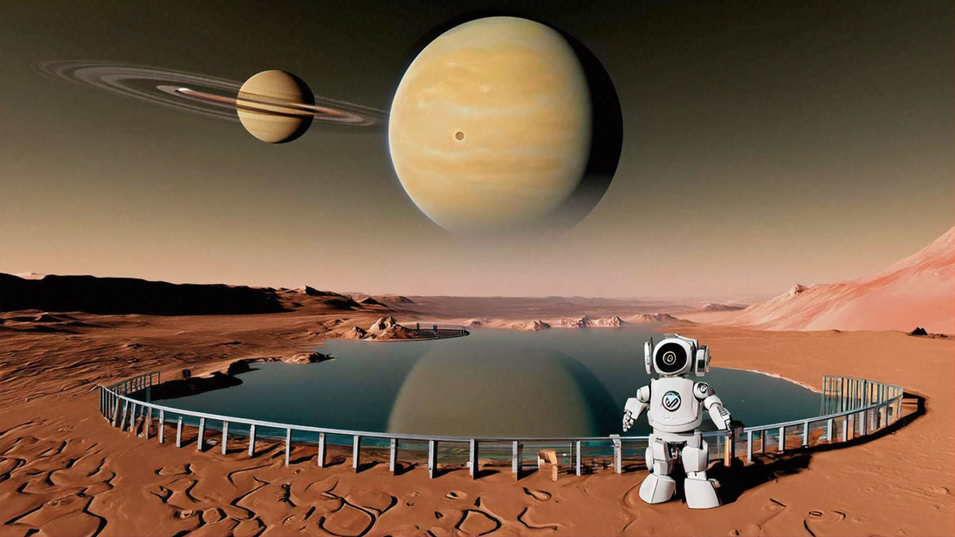 A robot stands on the edge of a fenced body of water on a rocky, reddish alien landscape with two large ringed planets visible in the sky, suggesting an imaginative science fiction scene.