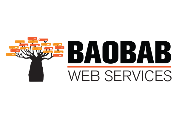 Logo of Baobab Web Services featuring a silhouette of a baobab tree with an orange sky and black and orange text.