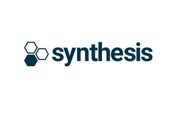 Synthesis text logo in blue on a white background