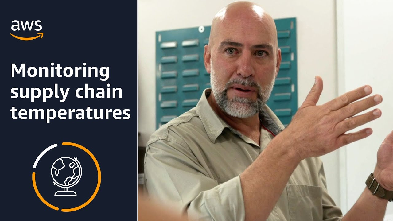 YouTube thumbnail image featuring an AWS title 'Monitoring supply chain temperatures' on a dark background with an illustrated globe icon, next to a man explaining something with hand gestures in an industrial or technical setting.
