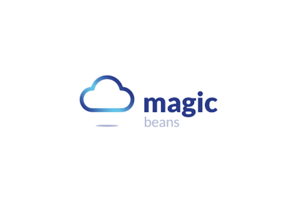 Logo for Magic Beans featuring a blue cloud outline and the words 'magic beans' on a white background.
