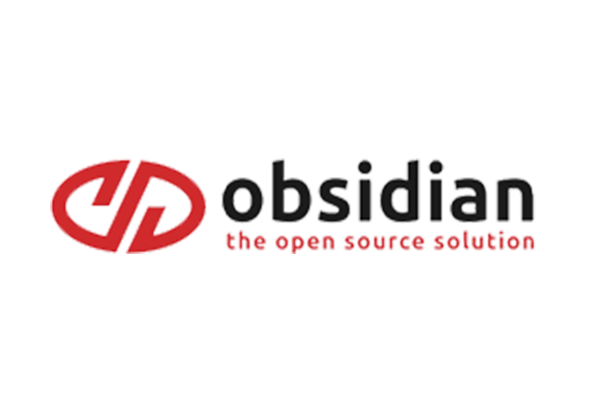 Logo of Obsidian Systems with a red circular graphic and the text 'obsidian the open source solution'.