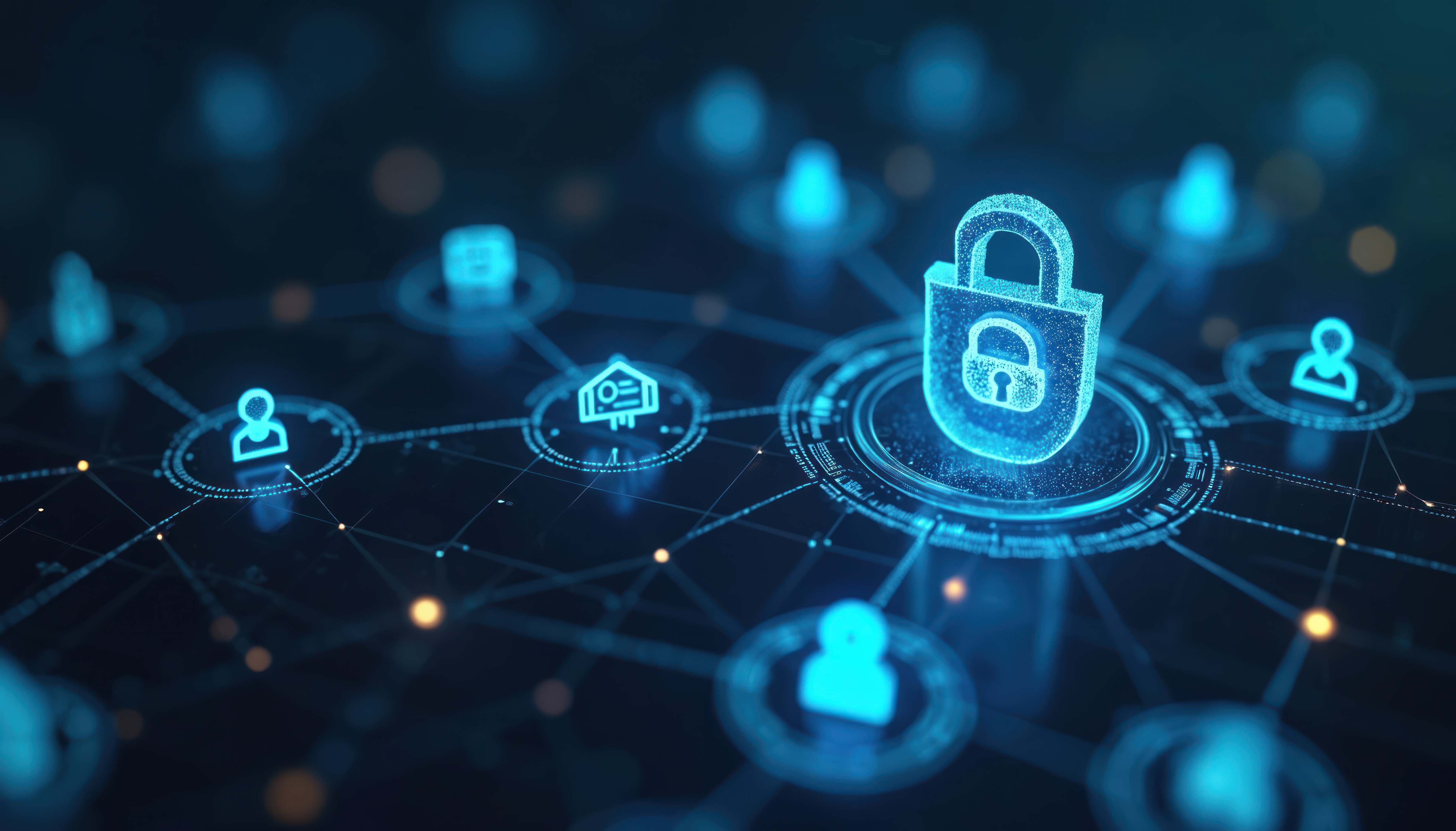 Digital illustration of cybersecurity network. Blue glowing icons of people, lock, data centers connect in mesh. Focus on resilient state security, critical infrastructure protection public safety