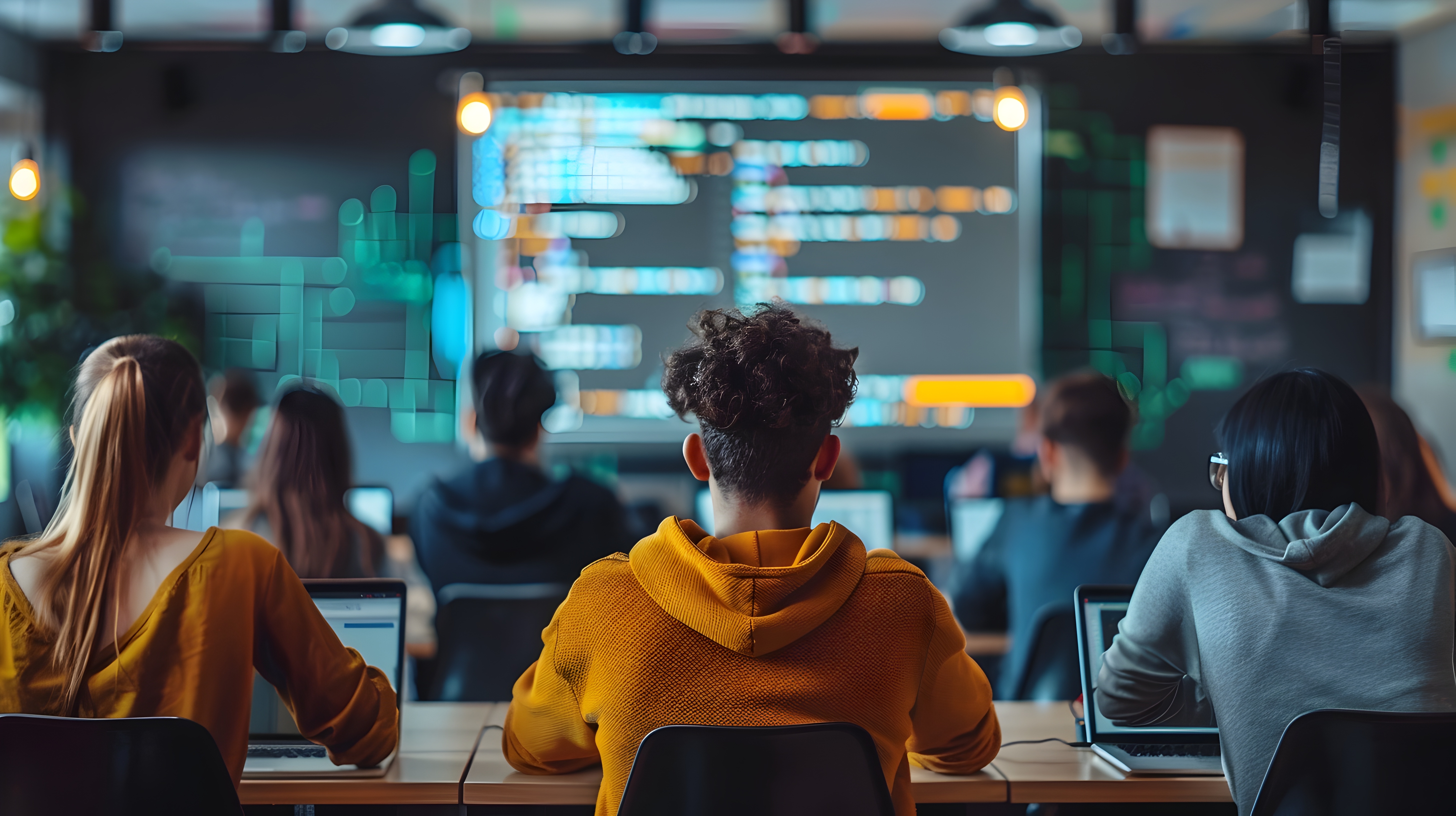 This image depicts a modern coding bootcamp or tech education setting with a group of focused students working intently on their laptops in a dynamic innovative environment The classroom features a
