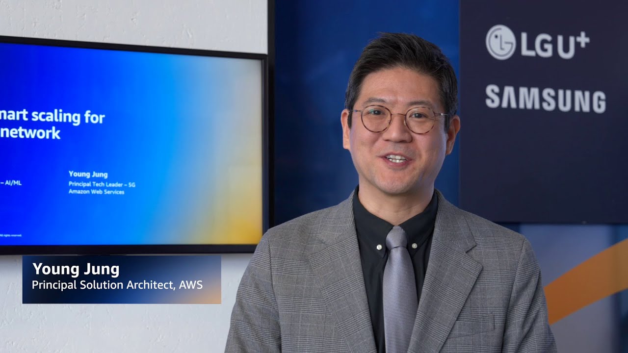 Thumbnail image for a presentation featuring Young Jung, AWS Principal Solution Architect, with LG Uplus and Samsung branding, highlighting smart scaling for 5G network using AI/ML.