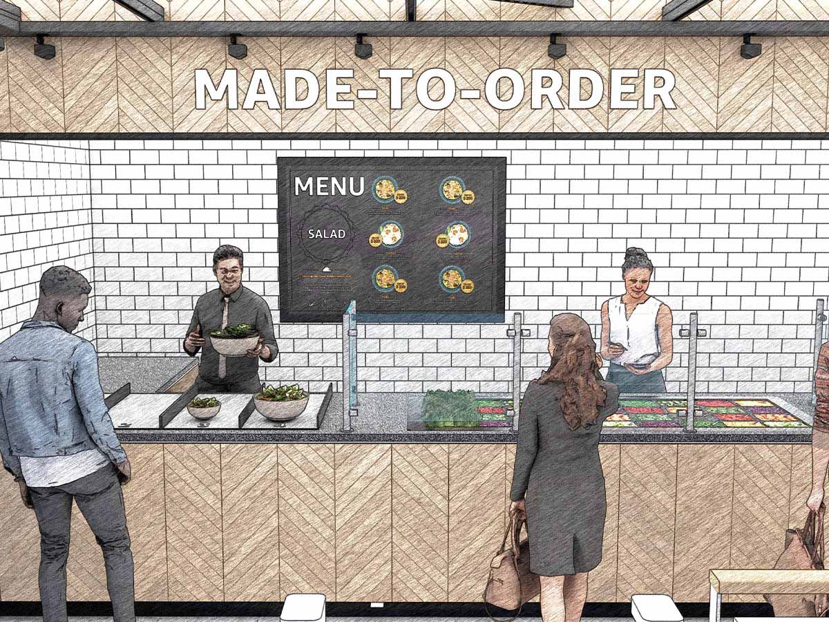 Illustration of a made-to-order cafe cafeteria with people ordering salads at a counter, depicting a modern 'just walk out' enabled food service environment.