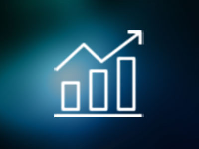 White bar graph with an upward arrow on a blurred blue-green background.