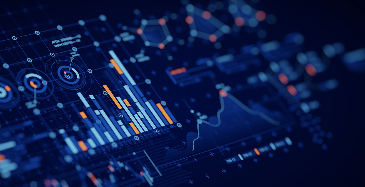 A digital visualization of data analytics with charts, graphs, and network diagrams representing AWS end-to-end data strategy and business transformation.