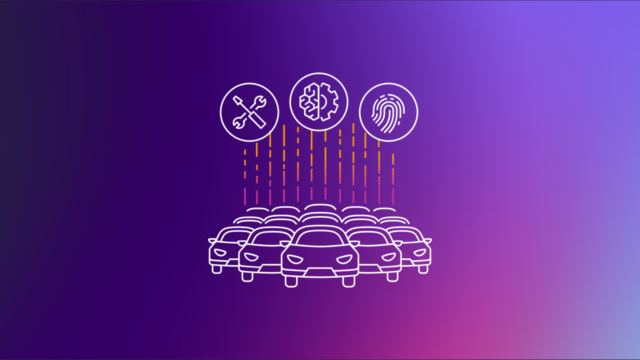 Illustration of multiple cars with technology icons representing maintenance, AI, and biometrics, on a purple gradient background, symbolizing connected mobility and automotive technology solutions.