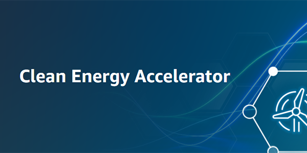 "Clean Energy Accelerator text on a blue background with abstract lines and a wind turbine icon."