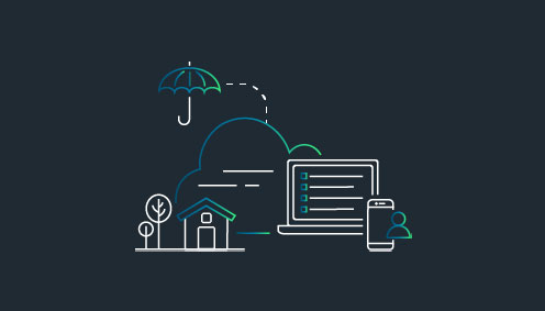 Illustration of a cloud, umbrella, house, trees, laptop, and smartphone, symbolizing cloud computing and connectivity.