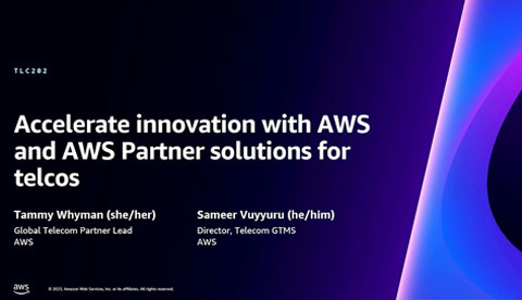 Slide titled 'Accelerate innovation with AWS and AWS Partner solutions for telcos' featuring speakers Tammy Whyman, Global Telecom Partner Lead at AWS, and Sameer Vuyyuru, Director, Telecom GTMS at AWS. The slide includes the TLC202 session code and a blue and purple abstract design on the right side.