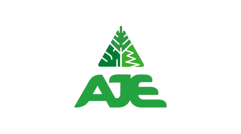 The logo of AJE, featuring green stylized text 'AJE' below a green triangular emblem with abstract design elements.