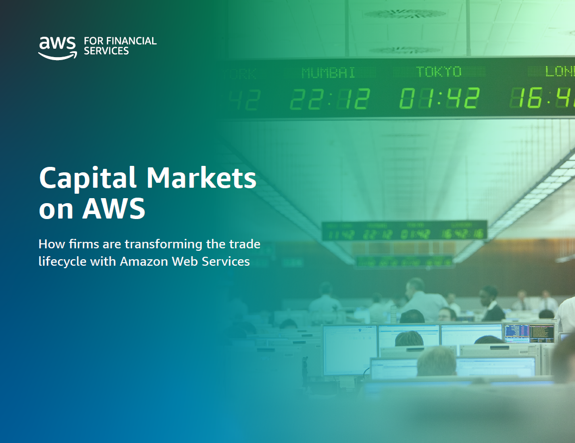 Alt-text: A financial trading floor with digital clocks displaying global times, overlaid with text promoting "Capital Markets on AWS" and its role in transforming the trade lifecycle.