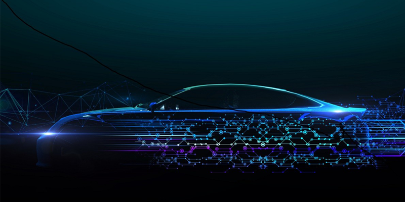 A futuristic illustration of a connected car outlined in blue lights, featuring digital network elements and abstract circuit patterns, symbolizing advanced automotive technology and connectivity.