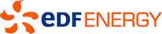 "EDF Energy logo with an orange flower-like symbol and blue and orange text."