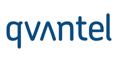 Qvantel company logo in blue text on a transparent background.