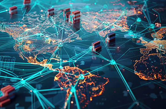Digital world map with glowing orange regions and interconnected blue lines, symbolizing global networks and data exchange.