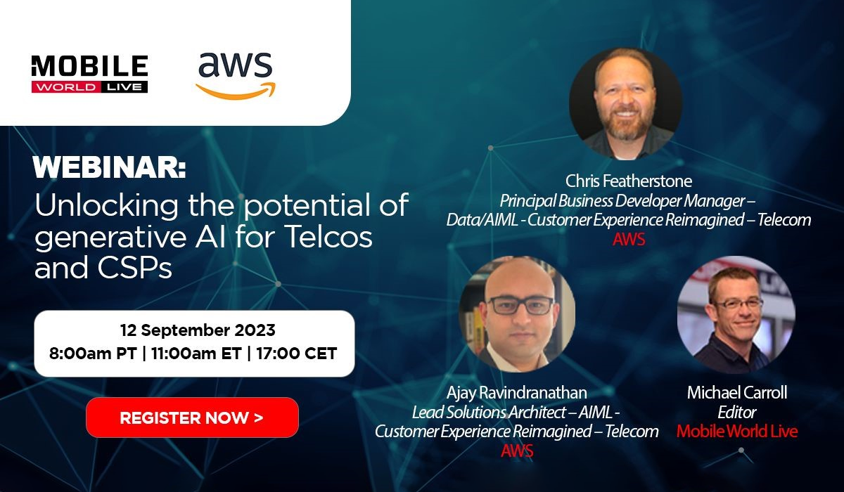 Promotional image for the AWS and Mobile World Live webinar 'Unlocking the Potential of Generative AI for Telcos and CSPs', held on 12 September 2023, featuring speakers Chris Featherstone (AWS), Ajay Ravindranathan (AWS), and Michael Carroll (Mobile World Live).