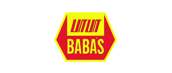 Logo of Baba's, featuring bold yellow text on a red hexagonal background with yellow border.