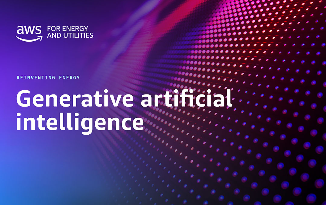 AWS promotional graphic for energy and utilities featuring generative artificial intelligence. Visual shows the text 'Generative artificial intelligence' with a purple and red abstract digital pattern background.