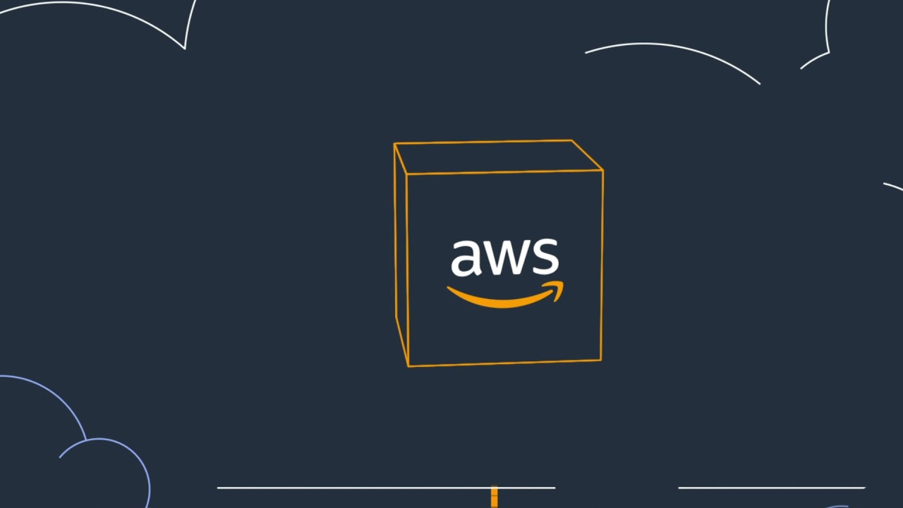 An illustration of a 3D box outlined in orange featuring the AWS logo in the center, set against a dark background with white and orange accent lines and cloud shapes.