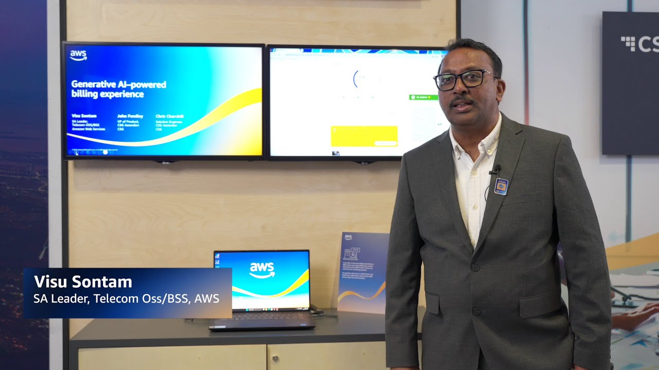 YouTube thumbnail showing Visu Sontam, SA Leader for Telecom Oss/BSS at AWS, standing in front of a display highlighting AWS Generative AI-powered billing experience.
