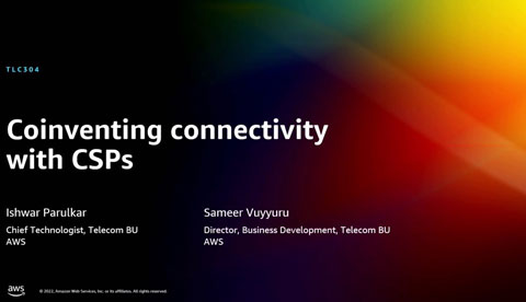 Presentation slide titled 'Coinventing connectivity with CSPs' featuring speakers Ishwar Parulkar (Chief Technologist, Telecom BU, AWS) and Sameer Vuyyuru (Director, Business Development, Telecom BU, AWS), with a gradient background.